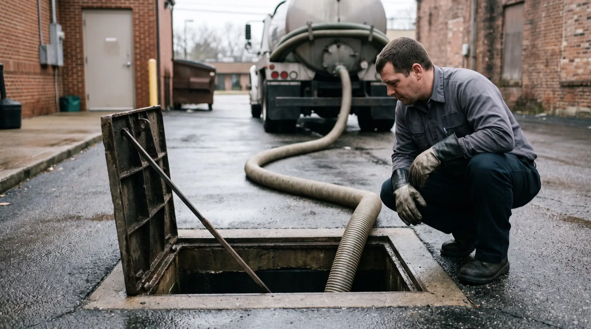 Technician pumping out an open in-ground commercial grease interceptor behind a restaurant, suction hose running to a vacuum truck