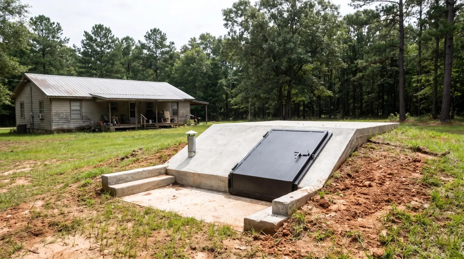 Concrete in-ground storm shelter with a steel door and vent pipe installed beside a rural Texas home