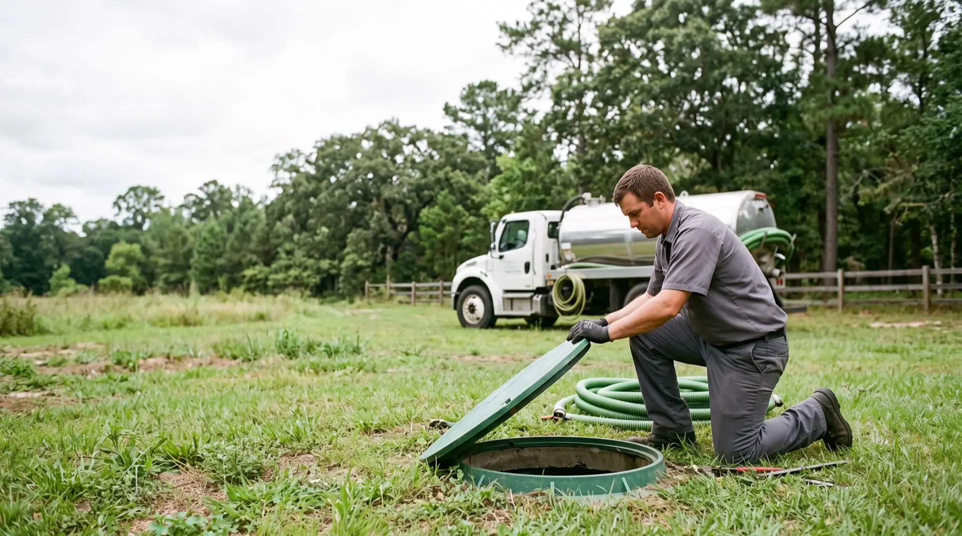 Septic technician opening a tank riser during a scheduled maintenance visit, with the pump truck and suction hose in the yard behind